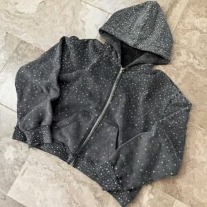 Sweatshirt Men Manufacturer Custom 500GSM Bling Glitter Diamond Rhinestone Print Zip up Sun Faded Acid Wash Hoodie Unisex