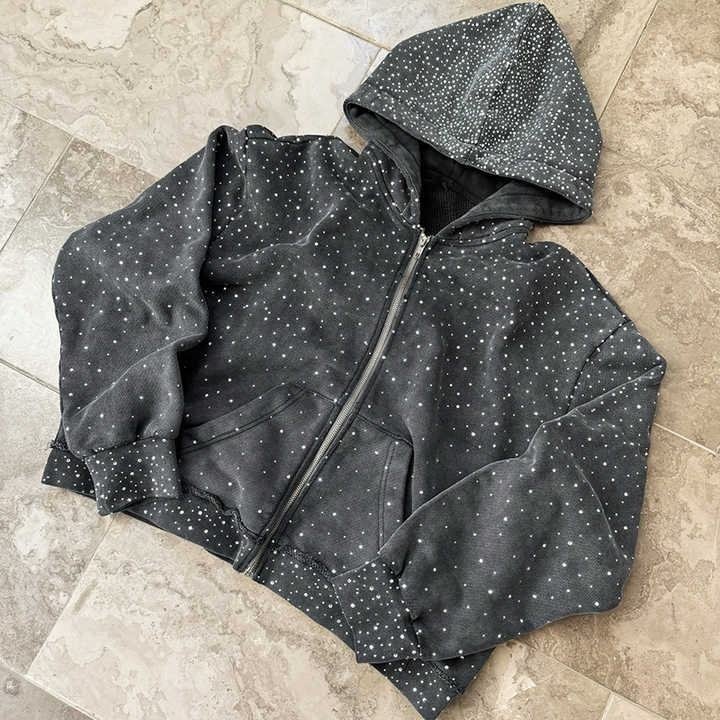 Sweatshirt Men Manufacturer Custom 500GSM Bling Glitter Diamond Rhinestone Print Zip up Sun Faded Acid Wash Hoodie Unisex