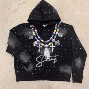 Custom Vintage Acid Wash Hoodie Rhinestone Pullover Hoodies High Quality Boxy Cotton Heavyweight Streetwear DTG Printed Hoodies