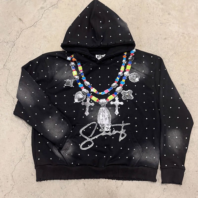 Custom Vintage Acid Wash Hoodie Rhinestone Pullover Hoodies High Quality Boxy Cotton Heavyweight Streetwear DTG Printed Hoodies