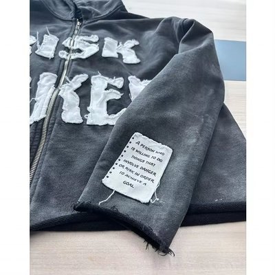 100 Cotton Hoodies For Men Terry Cut Raw Hem Embroidery Applique Sun Faded Acid Wash - Image 2