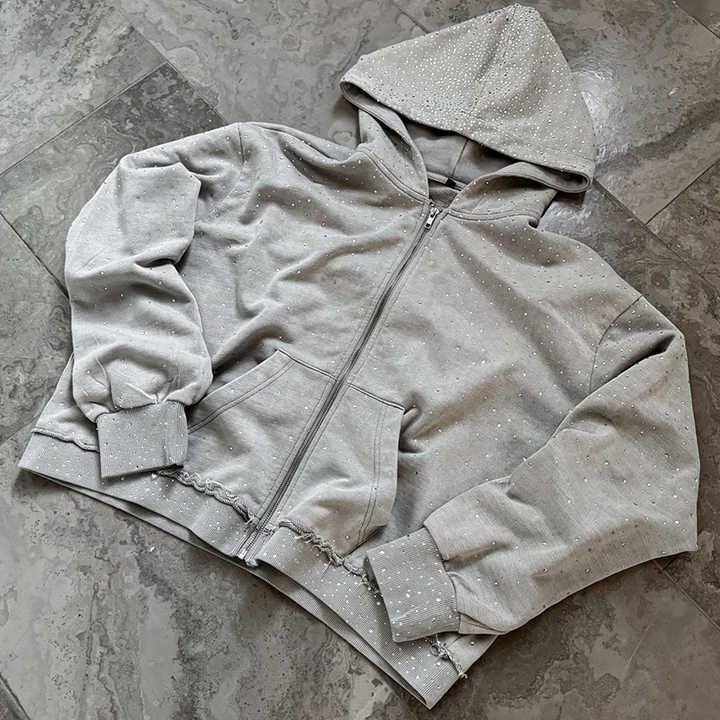 Sweatshirt Men Manufacturer Custom 500GSM Bling Glitter Diamond Rhinestone Print Zip up Sun Faded Acid Wash Hoodie Unisex - Image 2