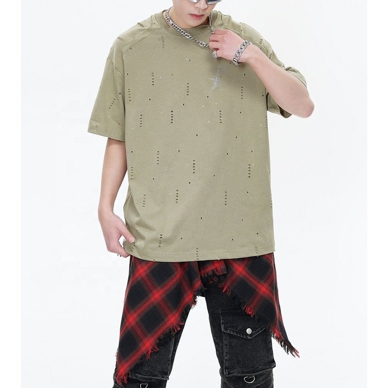 240Gsm Cotton Oversized Glitter T Shirt For Men Patchwork Raglan Sleeve