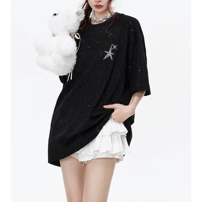 240Gsm Cotton Oversized Glitter T Shirt For Men Patchwork Raglan Sleeve - Image 2