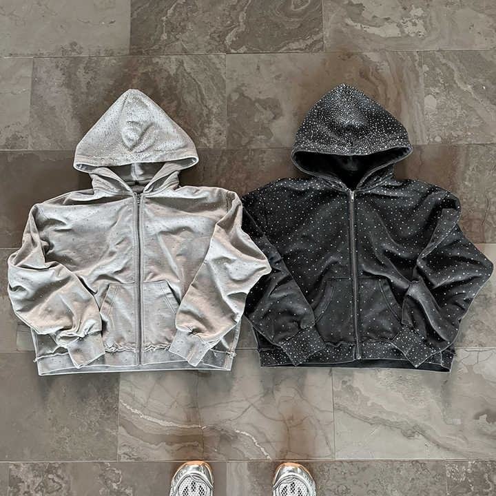 Sweatshirt Men Manufacturer Custom 500GSM Bling Glitter Diamond Rhinestone Print Zip up Sun Faded Acid Wash Hoodie Unisex - Image 3