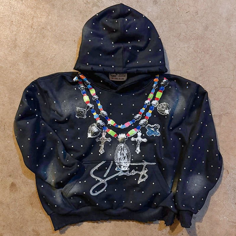 Custom Vintage Acid Wash Hoodie Rhinestone Pullover Hoodies High Quality Boxy Cotton Heavyweight Streetwear DTG Printed Hoodies - Image 3