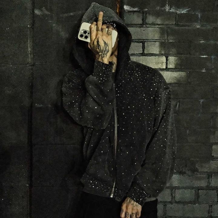Sweatshirt Men Manufacturer Custom 500GSM Bling Glitter Diamond Rhinestone Print Zip up Sun Faded Acid Wash Hoodie Unisex - Image 4