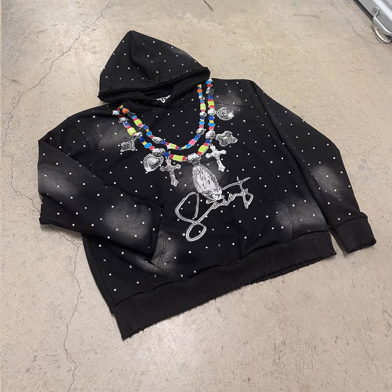 Custom Vintage Acid Wash Hoodie Rhinestone Pullover Hoodies High Quality Boxy Cotton Heavyweight Streetwear DTG Printed Hoodies - Image 4