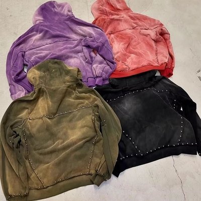 500gsm Black Rhinestone Zip Up Hoodie Men Oversized Autumn Hooded Hoodie Sun Faded Acid Wash Look - Image 5