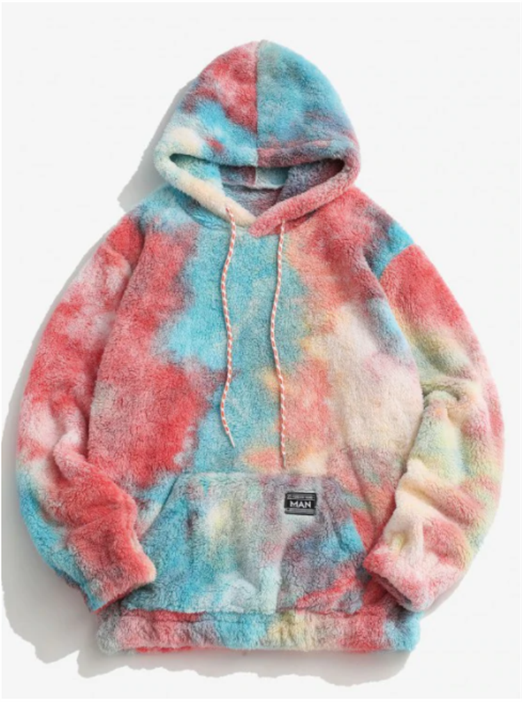 Custom Tye Dye Fashion Hoddies Men Kangaroo Pocket Tie Dye Faux Fur Fluffy Hoodie Wholesale - Image 2