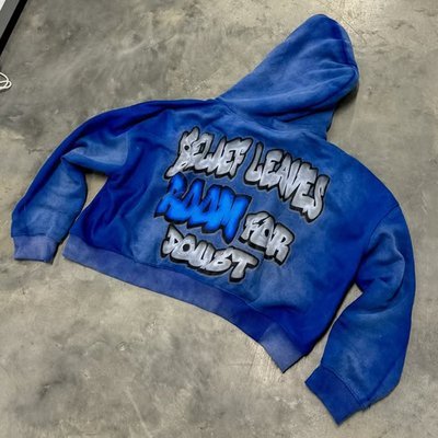 Acid Washed Dtg Print Men Unisex Winter Heavyweight Cotton Cropped Boxy Distressed Hoodie Custom Zip Up Hoodie - Image 4