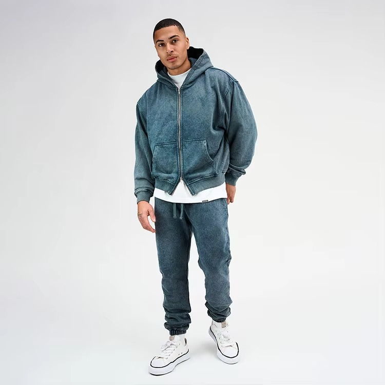 Acid Washed Oversized Embroidered Cropped Hoodies Ripped French Terry Black Distressed Applique Boxy Fit Full Zip up Hoodies Men - Image 5