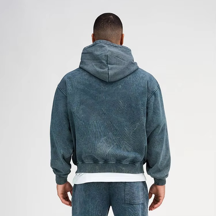 Acid Washed Oversized Embroidered Cropped Hoodies Ripped French Terry Black Distressed Applique Boxy Fit Full Zip up Hoodies Men - Image 6