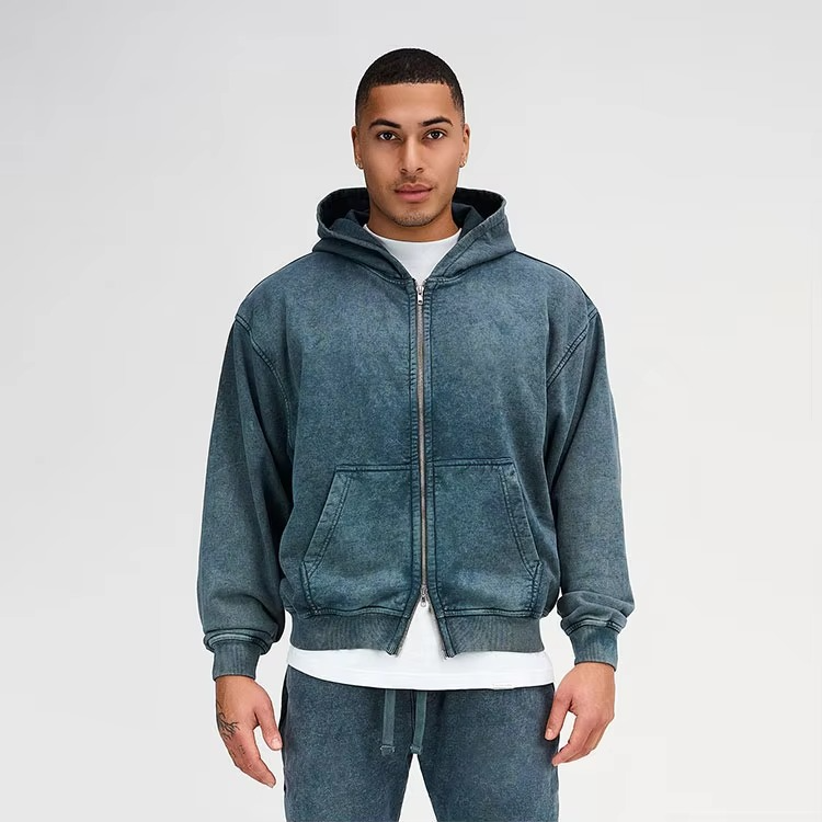 Acid Washed Oversized Embroidered Cropped Hoodies Ripped French Terry Black Distressed Applique Boxy Fit Full Zip up Hoodies Men