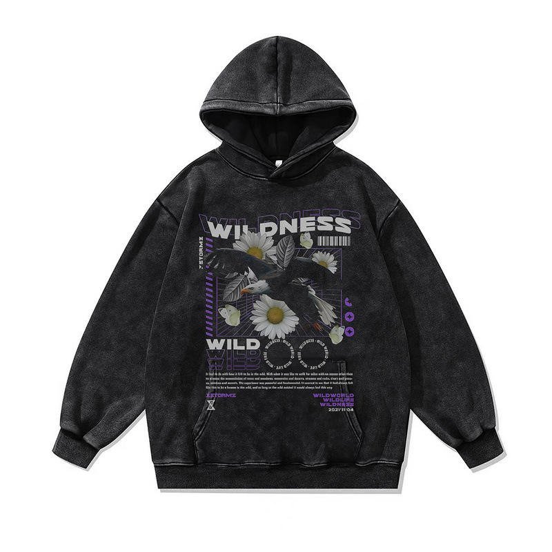 American High Street Retro Style Hoodie for Men Loose Casual Printing Acid Wash Pullover Hoodie