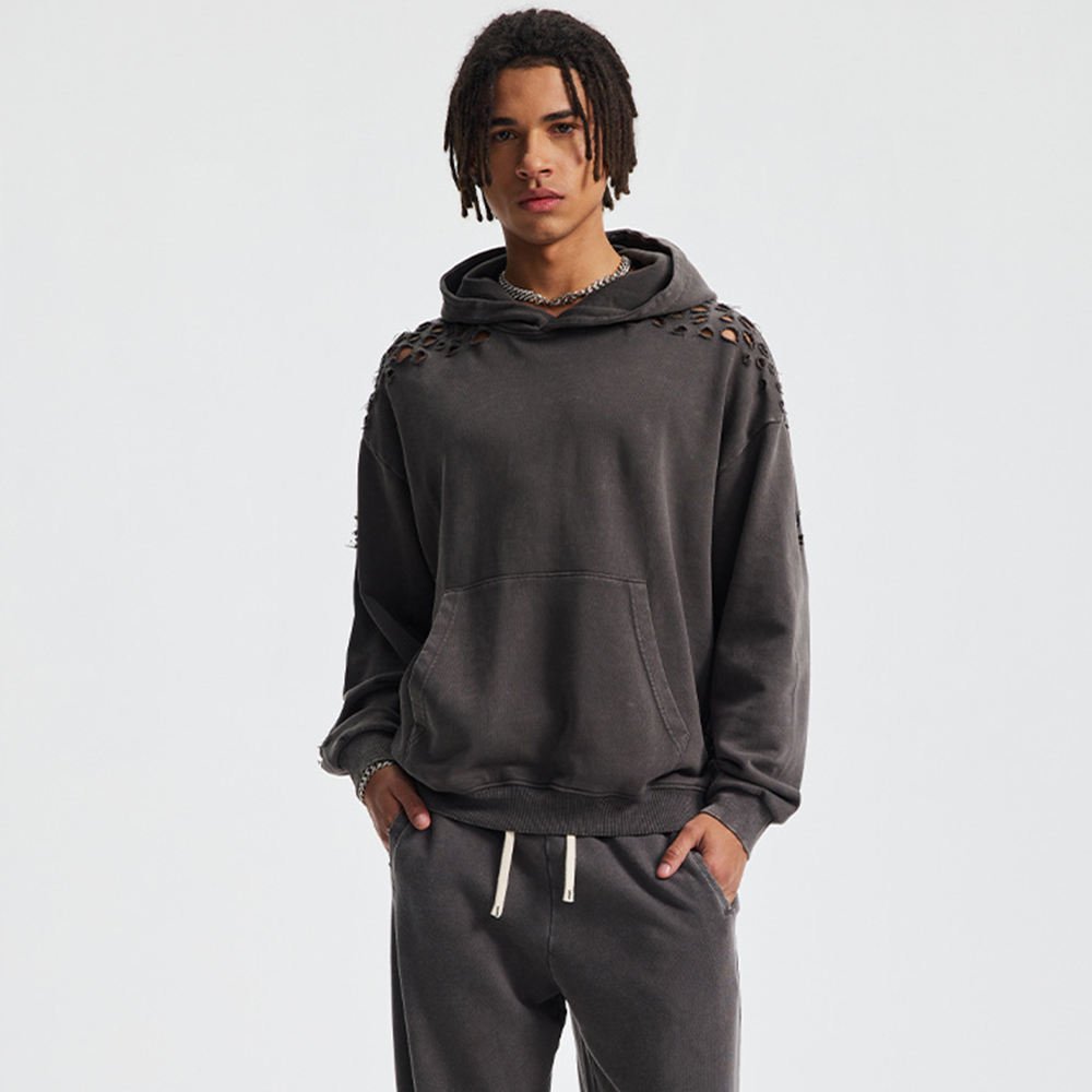 American Style Custom Pure Cotton Hoodies Cut Old Sweat Wear Retro Men's Pullover Sweatshirts - Image 3