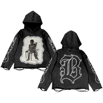 Black Vintage Rhinestone Hoodie Distressed Embroidery Patch 220 Grams Heavyweight Acid Wash - Image 7