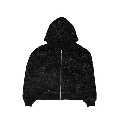 Black Vintage Rhinestone Hoodie Distressed Embroidery Patch 220 Grams Heavyweight Acid Wash - Image 3