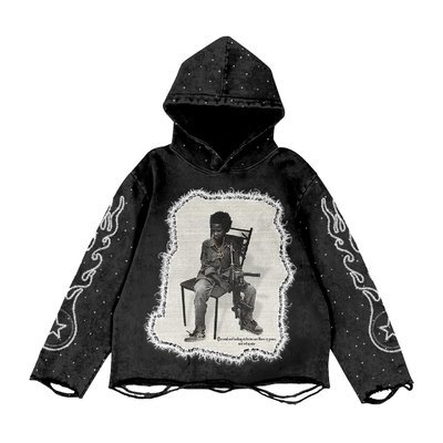 Black Vintage Rhinestone Hoodie Distressed Embroidery Patch 220 Grams Heavyweight Acid Wash
