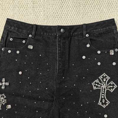 Clothing Manufacturers Custom Streetwear Rhinestone Vintage Black Jeans Shorts Rhinestone Denim Shorts Jorts for Men - Image 3