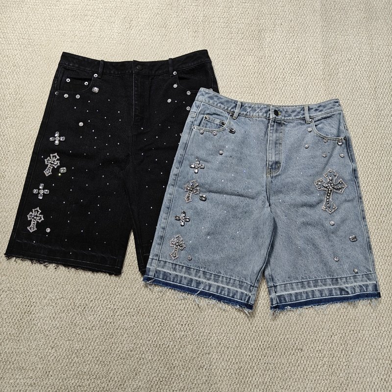 Clothing Manufacturers Custom Streetwear Rhinestone Vintage Black Jeans Shorts Rhinestone Denim Shorts Jorts for Men - Image 4