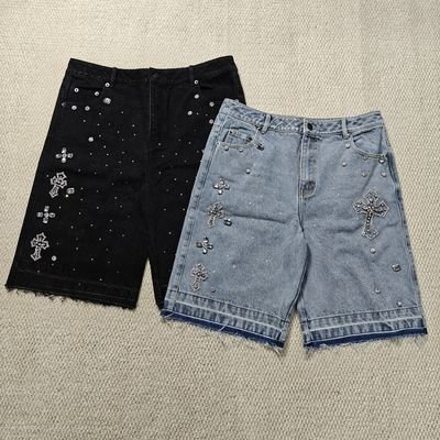 Clothing Manufacturers Custom Streetwear Rhinestone Vintage Black Jeans Shorts Rhinestone Denim Shorts Jorts for Men