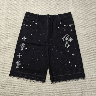 Clothing Manufacturers Custom Streetwear Rhinestone Vintage Black Jeans Shorts Rhinestone Denim Shorts Jorts for Men - Image 5