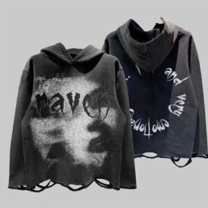 Cotton Distressed Hoodie Dtg Print Hoodie French Terry Pullover Ripped Cut Raw Hem Hoodie