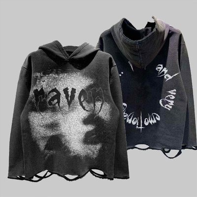 Cotton Distressed Hoodie Dtg Print Hoodie French Terry Pullover Ripped Cut Raw Hem Hoodie