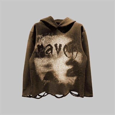 Cotton Distressed Hoodie Dtg Print Hoodie French Terry Pullover Ripped Cut Raw Hem Hoodie - Image 5