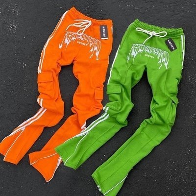 Cotton Flared Sweatpants For Men Women Zipper Pockets Cargo Pants Stacked Flared Stripe Sweatpants - Image 4
