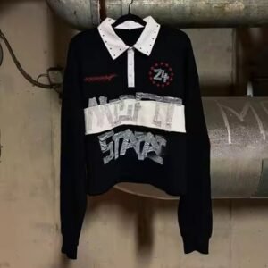 Custom 2025 Streetwear Striped Button up Collar Oversized Rhinestone Dtg Print Long Sleeve Rugby Polo Shirts for Men