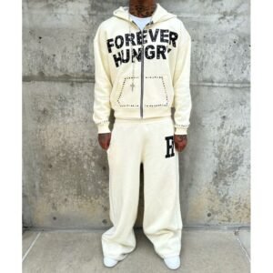 Custom 500Gsm Heavyweight Cotton Rhinestone Cropped Boxy Zip Up Hoodies and Sweatpants Set Tracksuit Sweat Suits Men