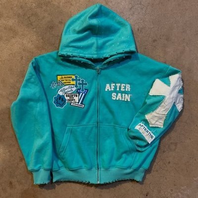 Custom Autumn Winter Distressed Embroidery Rhinestone Heavyweight 500 Gsm French Terry Boxy Oversized Zip up Hoodie - Image 3