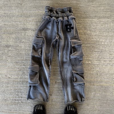 Custom Double Waist Heavyweight Cotton Vintage Acid Wash Sweat Pants Distressed Rhinestone Wide Leg Sweatpants for Men - Image 3