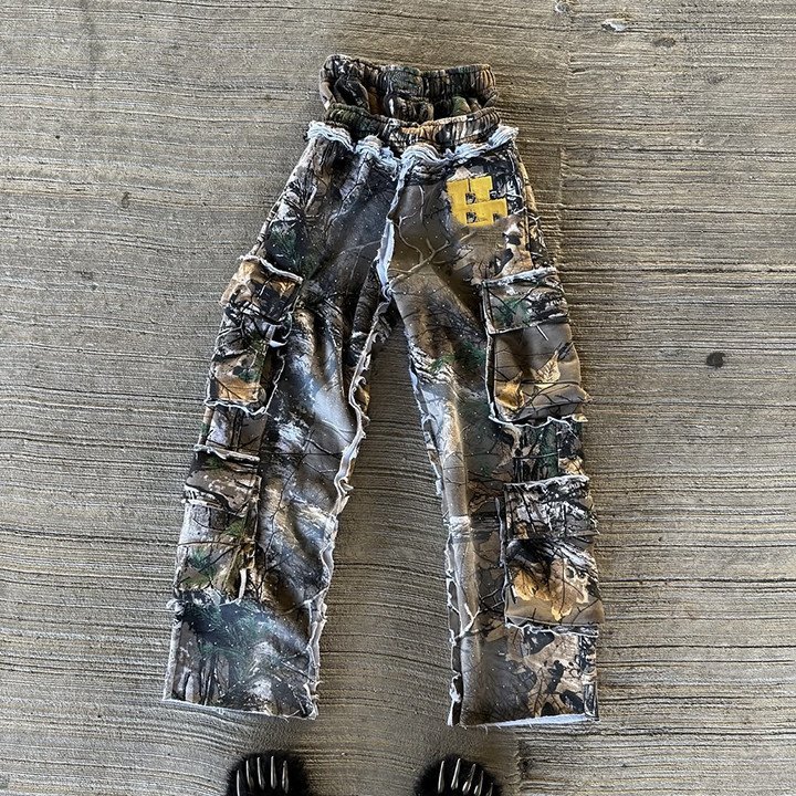 Custom Double Waist Heavyweight Cotton Vintage Acid Wash Sweat Pants Distressed Rhinestone Wide Leg Sweatpants for Men