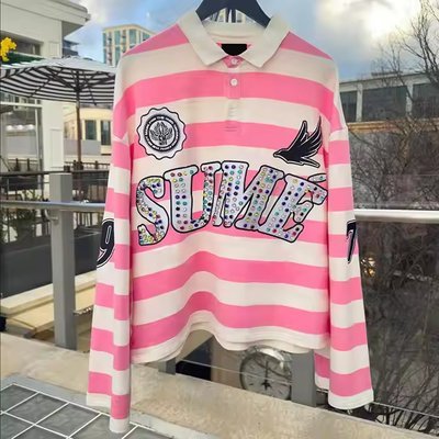 Custom Embroidery Rugby Jersey Polos Color Block Rhinestone Long Sleeve Boxy Fit Cropped Knitted Striped Polo Shirt for Men - Image 5