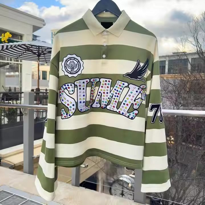 Custom Embroidery Rugby Jersey Polos Color Block Rhinestone Long Sleeve Boxy Fit Cropped Knitted Striped Polo Shirt for Men - Image 6