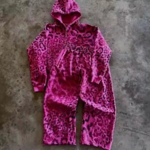 Custom French Terry Tracksuits Leopard Print Zipper Sweatpants and Hoodie Set Baggy Jogger Set Streetwear Men 2 Piece Sets