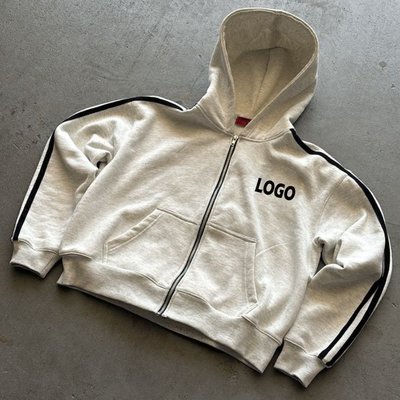 Custom Heavy Cotton Side Stripe Cropped Boxy Zip Up Hoodies and Baggy Sweatpants Set Sweat Suits - Image 3
