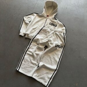 Custom Heavy Cotton Side Stripe Cropped Boxy Zip Up Hoodies and Baggy Sweatpants Set Sweat Suits