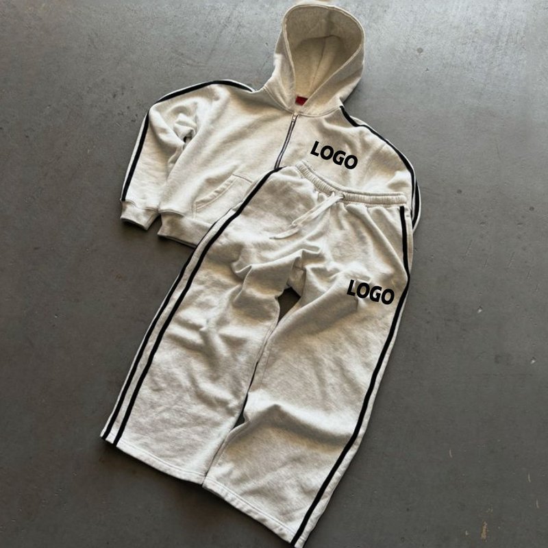 Custom Heavy Cotton Side Stripe Cropped Boxy Zip Up Hoodies and Baggy Sweatpants Set Sweat Suits