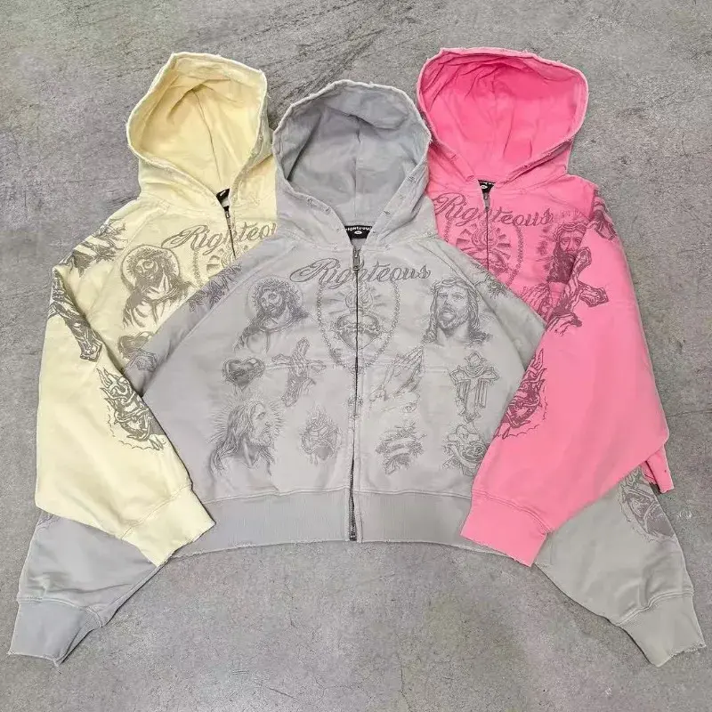 Custom Heavyweight High Quality Hot-Fix Rhinestone Zip-Up 100% Cotton Irregular Hem Loose Fit Zipper High Street Women's Hoodie - Image 3