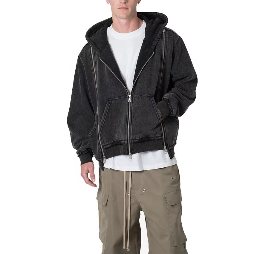 Custom Heavyweight Vintage Acid Wash 460gsm Men's Hoodie Oversized Pullover Distressed Full Zip Solid Knitted Hooded Autumn - Image 6