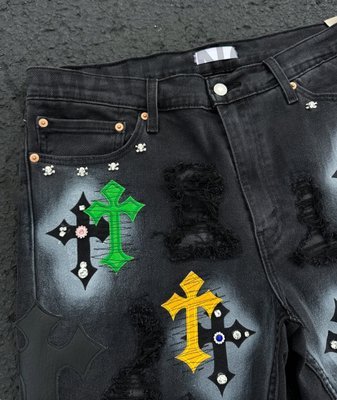 Custom High Quality Jorts Streetwear Rhinestones Short Jeans Distressed Embroidery Patchwork Denim Jorts Shorts for Men - Image 3