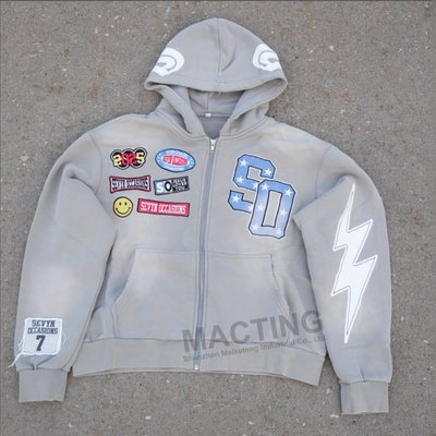 Custom Hoodie Manufacturer Men Streetwear Vintage Acid Wash Distressed Embroidery Applique Patchwork Acid Wash Hoodie - Image 3