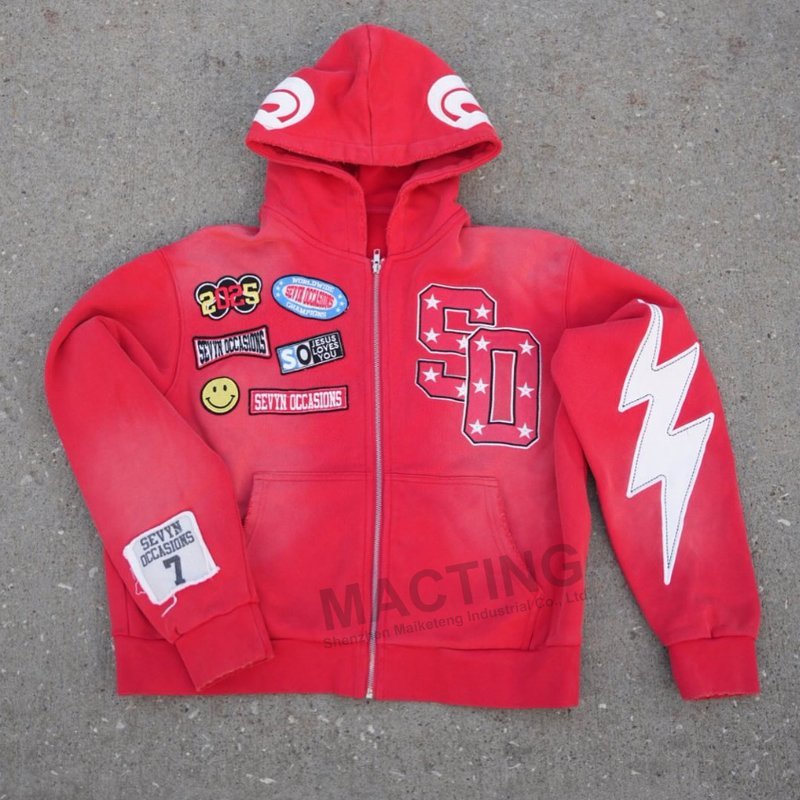 Custom Hoodie Manufacturer Men Streetwear Vintage Acid Wash Distressed Embroidery Applique Patchwork Acid Wash Hoodie