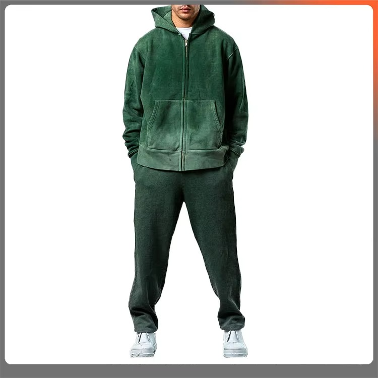 Custom Logo 100% Cotton Fleece Jogger Suits Acid Wash Sun Faded Zip up Hoodies and Sweatpants Jogger Sets Tracksuits