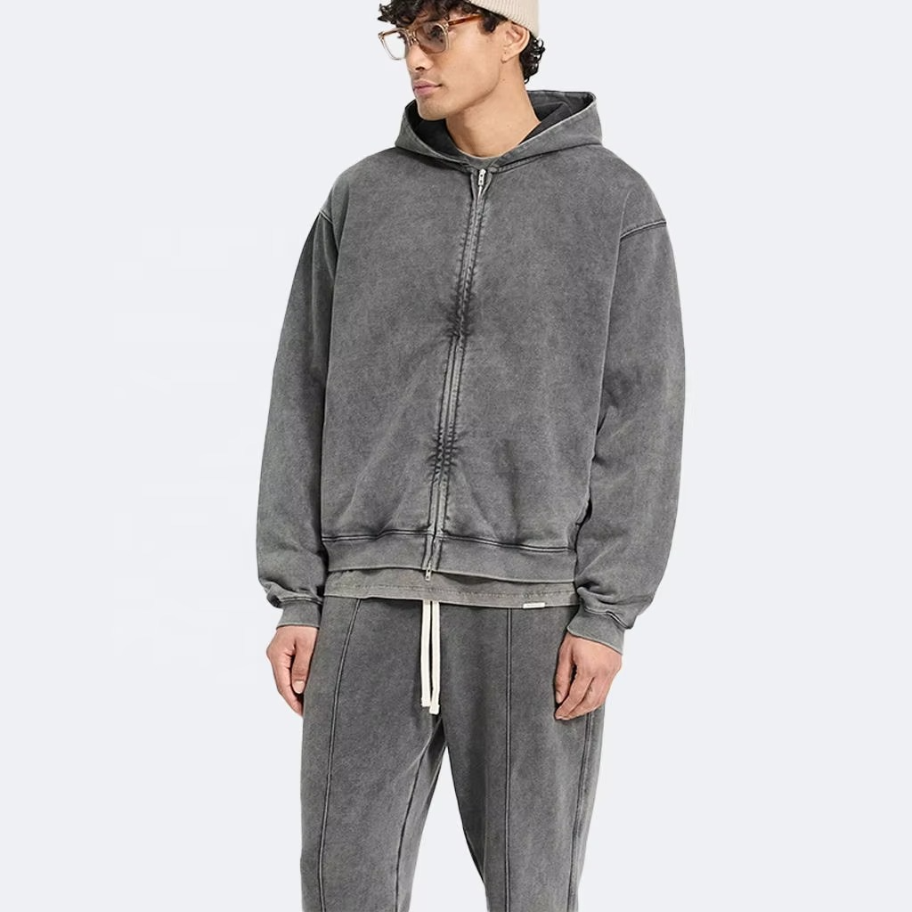 Custom Logo Men'S Acid Washed Hoodie With Oversize Zipper and Drop Shoulder Heavyweight Pullover With Print Pattern - Image 2