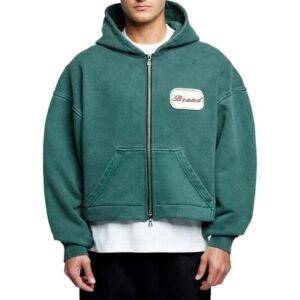Custom Logo Patch Applique Embroidery Heavyweight 600 gsm Hoodie Baggy Boxy Cropped Acid Wash Double Zipper Hoodie